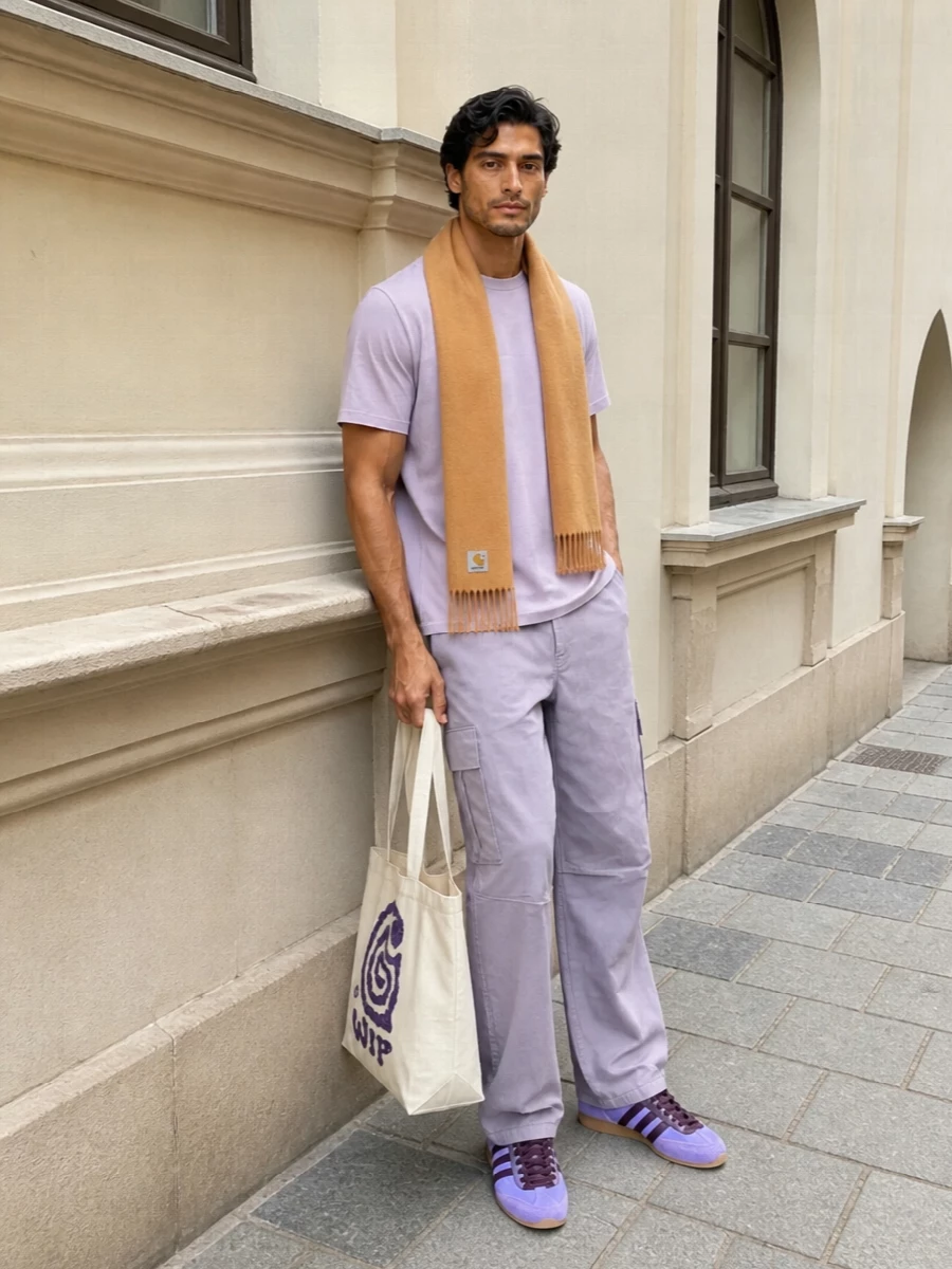 Soft lilac on lilac keeps the mood relaxed and confident, with the dusty cargo silhouette adding just enough utility structure. The retro trainers and canvas tote lean into a skate-adjacent, city-ready vibe, while the camel scarf softens everything with a muted hit of warmth.