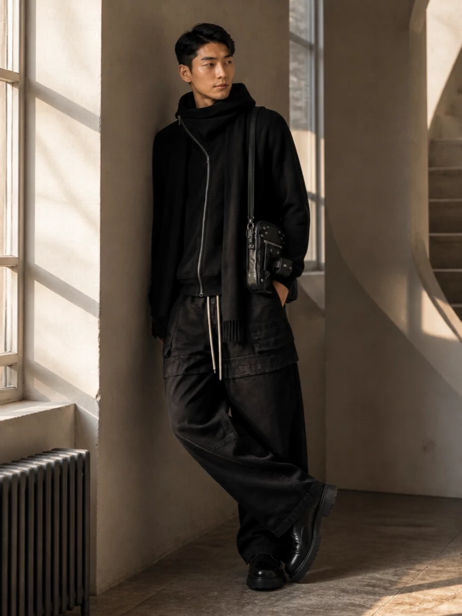 This look centres the DRKSHDW hoodie over high-rise, wide-leg cargos in soft black for a pure Rick silhouette—long, columnar and slightly dystopian. Chunky black Chelsea boots ground the volume with a clean, architectural edge, while the compact moto crossbody and slim black scarf add just enough hardware and texture to keep the monochrome palette sharp and intentional. It’s a dark, urban FW uniform that feels severe yet completely wearable day to night.