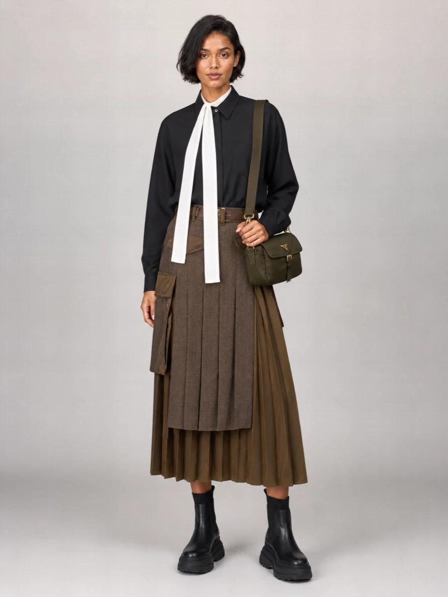 Sacai Pleated Asymmetric Midi Skirt