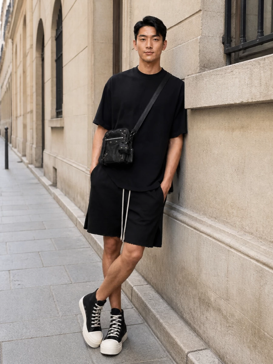 Rick owens drkshdw black tee shorts outfit
