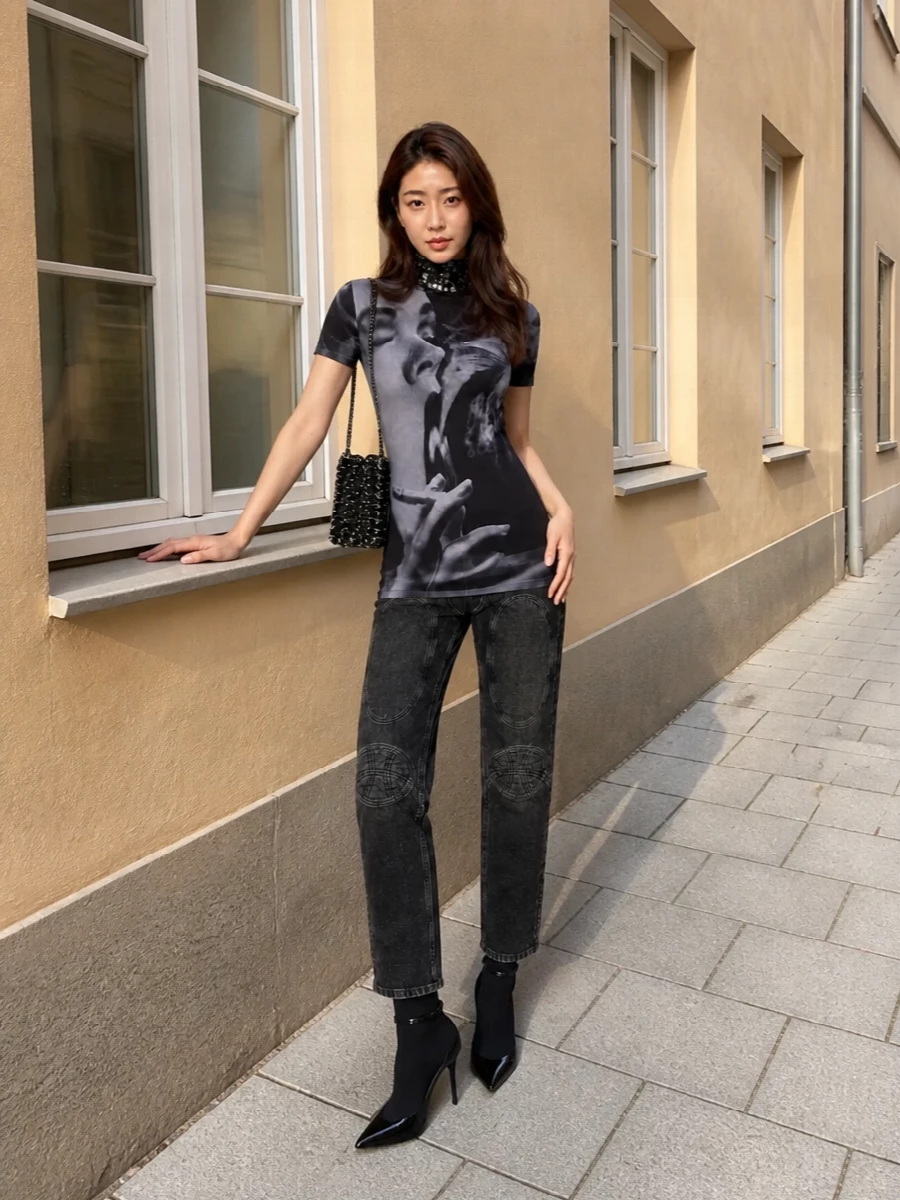 Gaultier mesh dress black jeans night outfit
