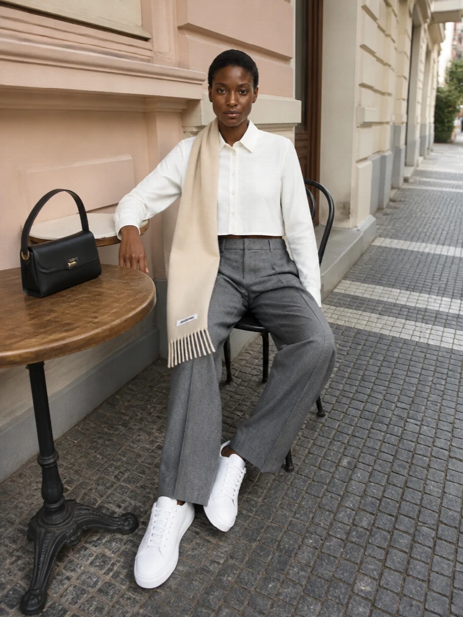 Ami paris cropped shirt grey wide leg trousers