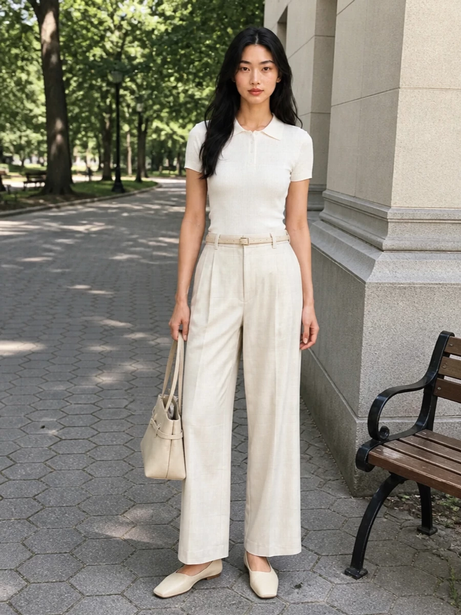 Soft ivory on light beige keeps this outfit calm while the ribbed polo and high-waist trouser give it a clear, tailored backbone. A square-toe flat and structured shoulder bag finish it with quiet sharpness that works from desk hours to low-key dinners. The slim tonal belt is the only punctuation, framing the volume of the wide leg without interrupting the palette.