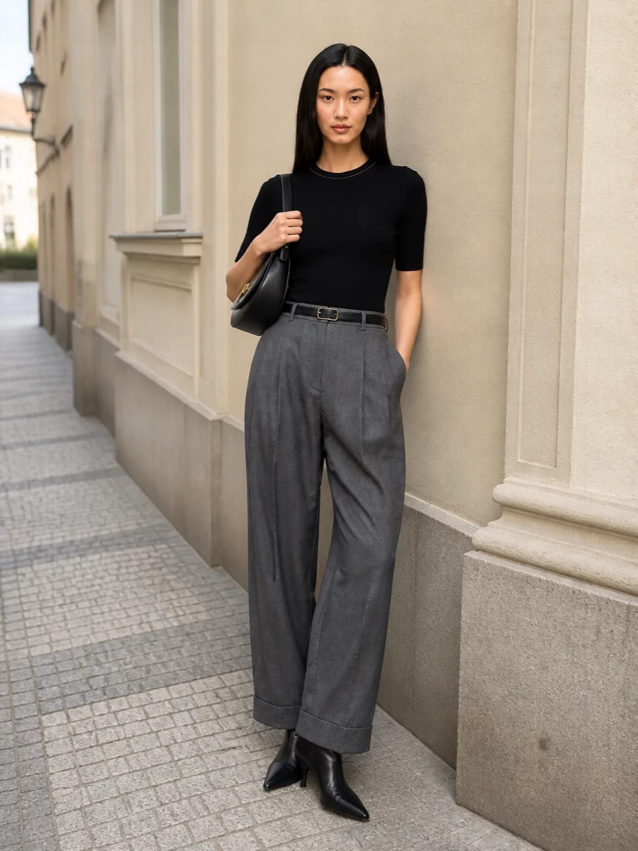 A slim black knit tee tucks into charcoal pleated trousers for a precise, slightly androgynous take on tailoring. Pointed black ankle boots and a curved black shoulder bag keep the palette disciplined, while a fine leather belt quietly defines the waist. It is a polished city uniform that transitions smoothly from office hours to late reservations.