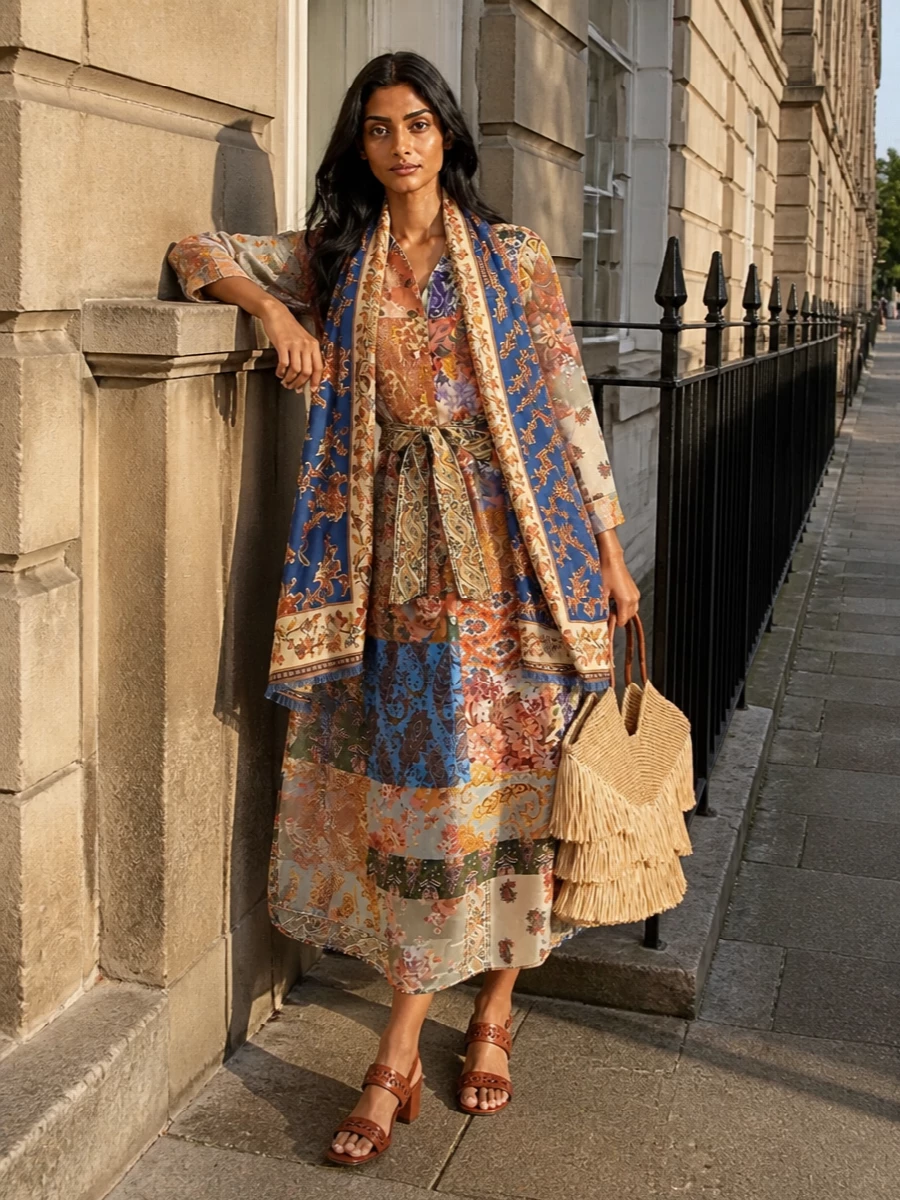 I’m styling the scarf with the patchwork midi shirt dress rather than separates, so it can read as the hero accessory against one confident field of print instead of competing coordinates. The terracotta block-heel sandals and fringed straw tote keep everything in the same sun-washed, romantic-boho universe, polished enough for late-afternoon beach drinks that drift into dinner. Tie the scarf loosely at the neck or as a shawl over your shoulders so the cobalt sings against the dress’s patchwork without feeling busy.