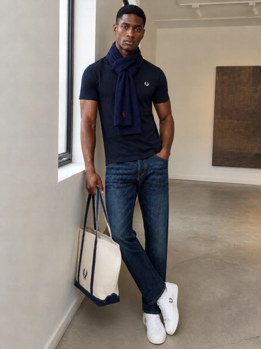 Fred perry navy tee dark jeans white sneakers