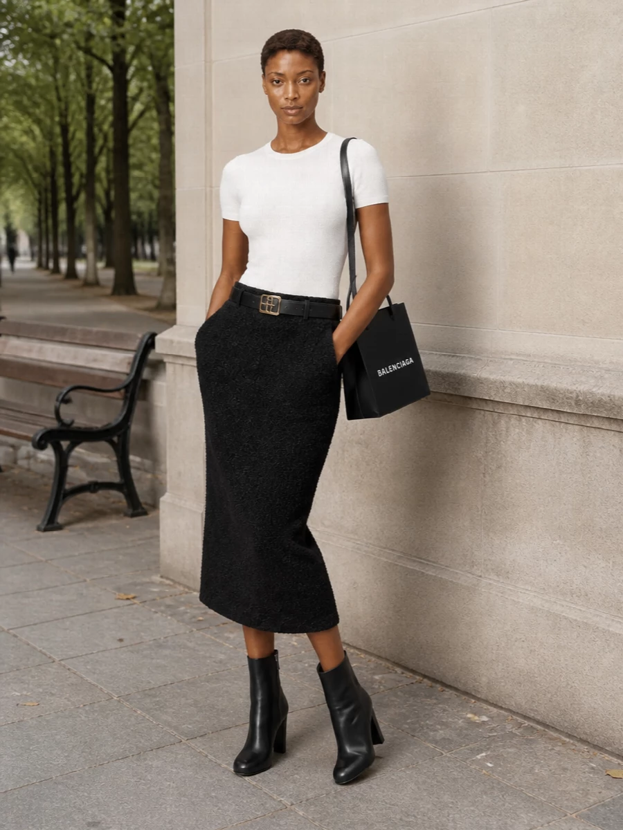 A clean white Balenciaga knit meets a textured black midi for a monochrome take on quiet polish. Sleek black ankle boots and a structured mini tote keep the line long and sharp, while a slim logo belt adds just enough definition and hardware for discreet impact.
