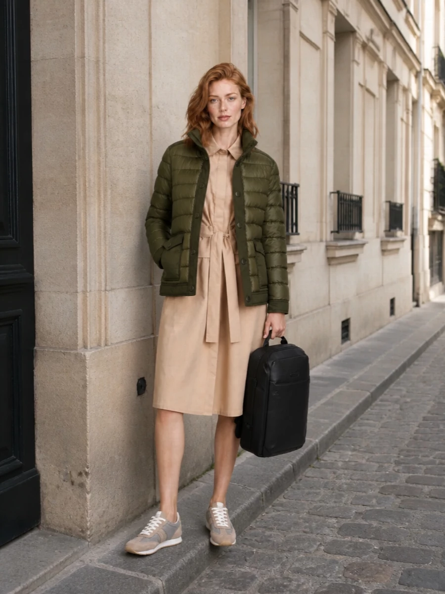 I’m building this around the shirt dress path, not separate top and bottom, to keep the Moncler jacket’s utility message clean and uncomplicated. The sand Fabiana Filippi dress, taupe runners and structured black backpack create a quietly polished, travel-ready combination that feels practical yet refined. It is tonal, functional and season-appropriate, with the jacket adding depth and structure without tipping the outfit into heavy winter mode.