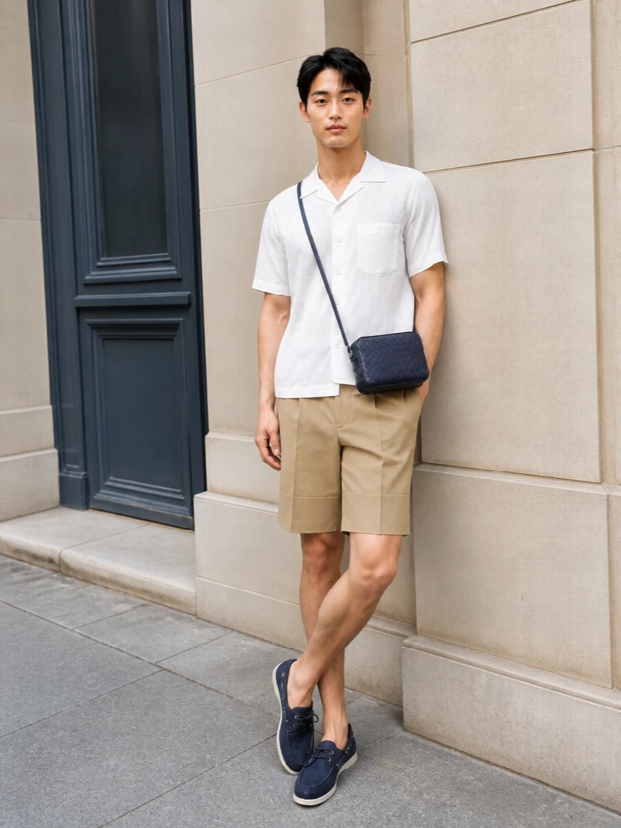 Preppy summer outfit beige shorts navy crossbody
