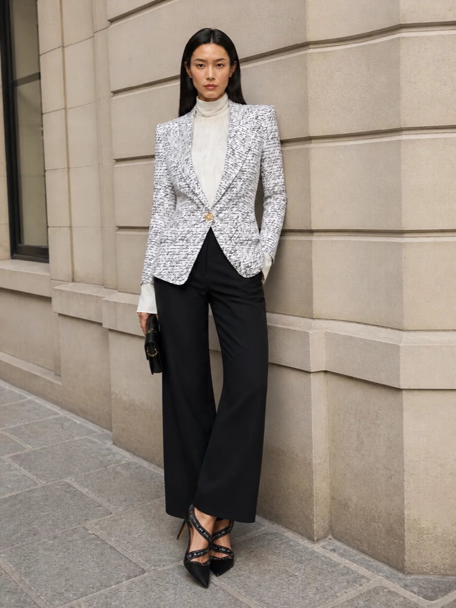 Balmain script blazer ivory blouse wide leg pants
