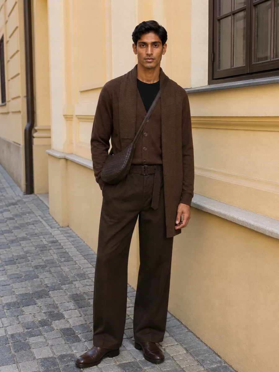 Lemaire brown knit wide leg trousers outfit