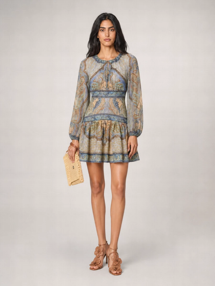 Zimmermann Silk-Blend Printed Long-Sleeve Mini Dress