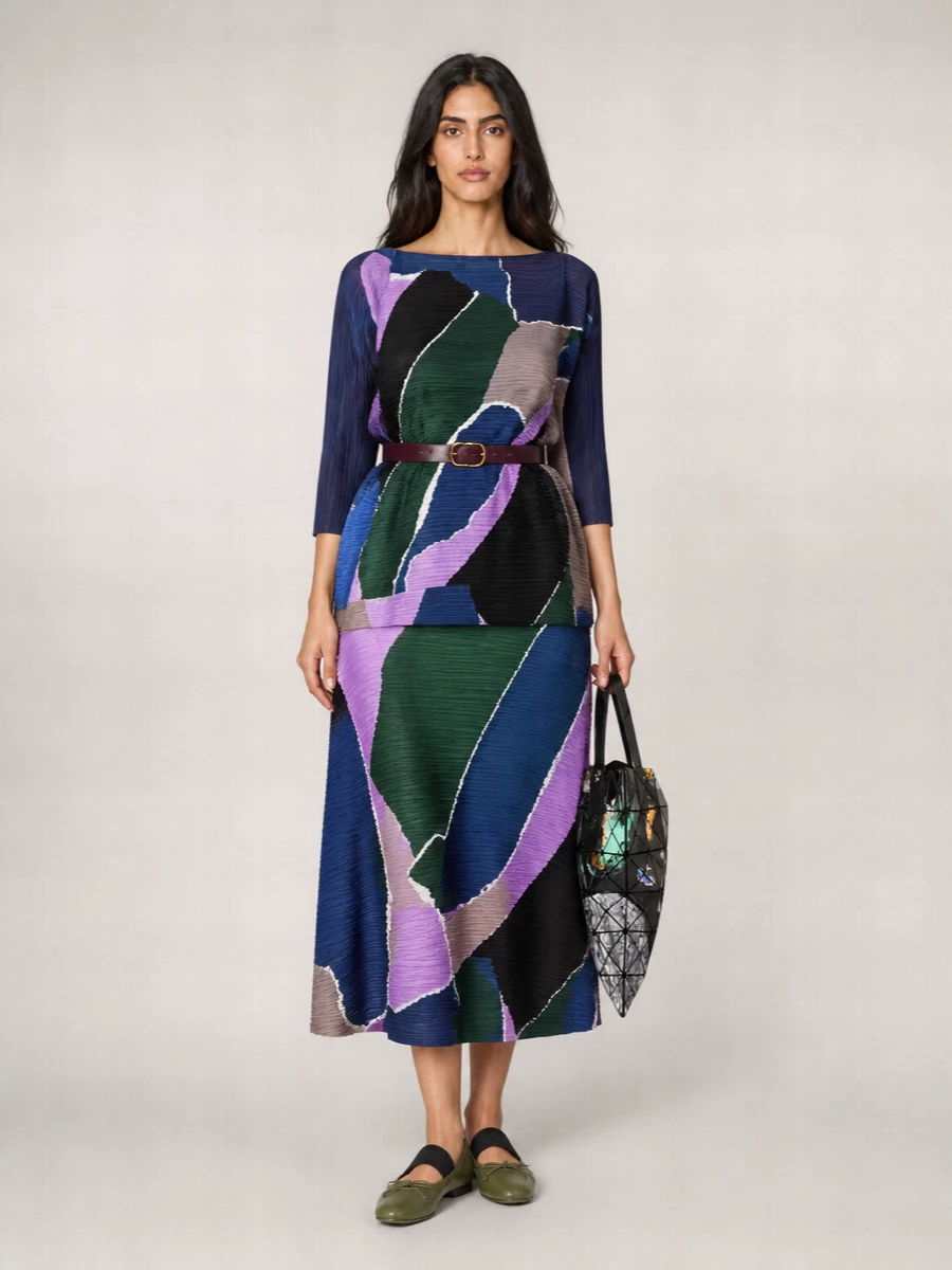 Pleats Please Issey Miyake Printed Pleated Midi Skirt