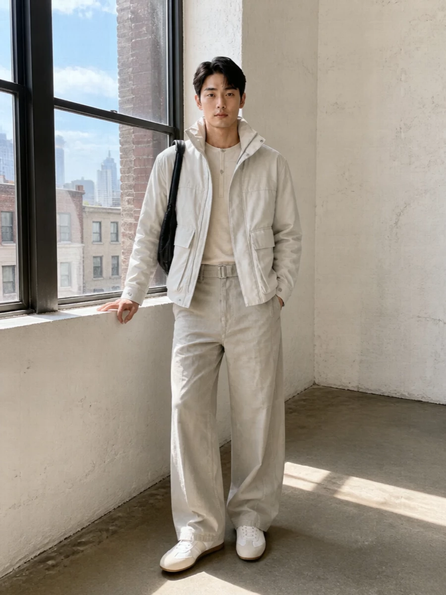 A pale, tonal Lemaire uniform that treats city dressing like architecture, all soft neutrals and controlled volume. The padded jacket, band-collar shirt and wide-leg trouser create one continuous column, quietly grounded by off-white trainers and a sculpted black shoulder bag. It feels purposeful yet calm, ideal for cool in-between days when you want presence without formality.