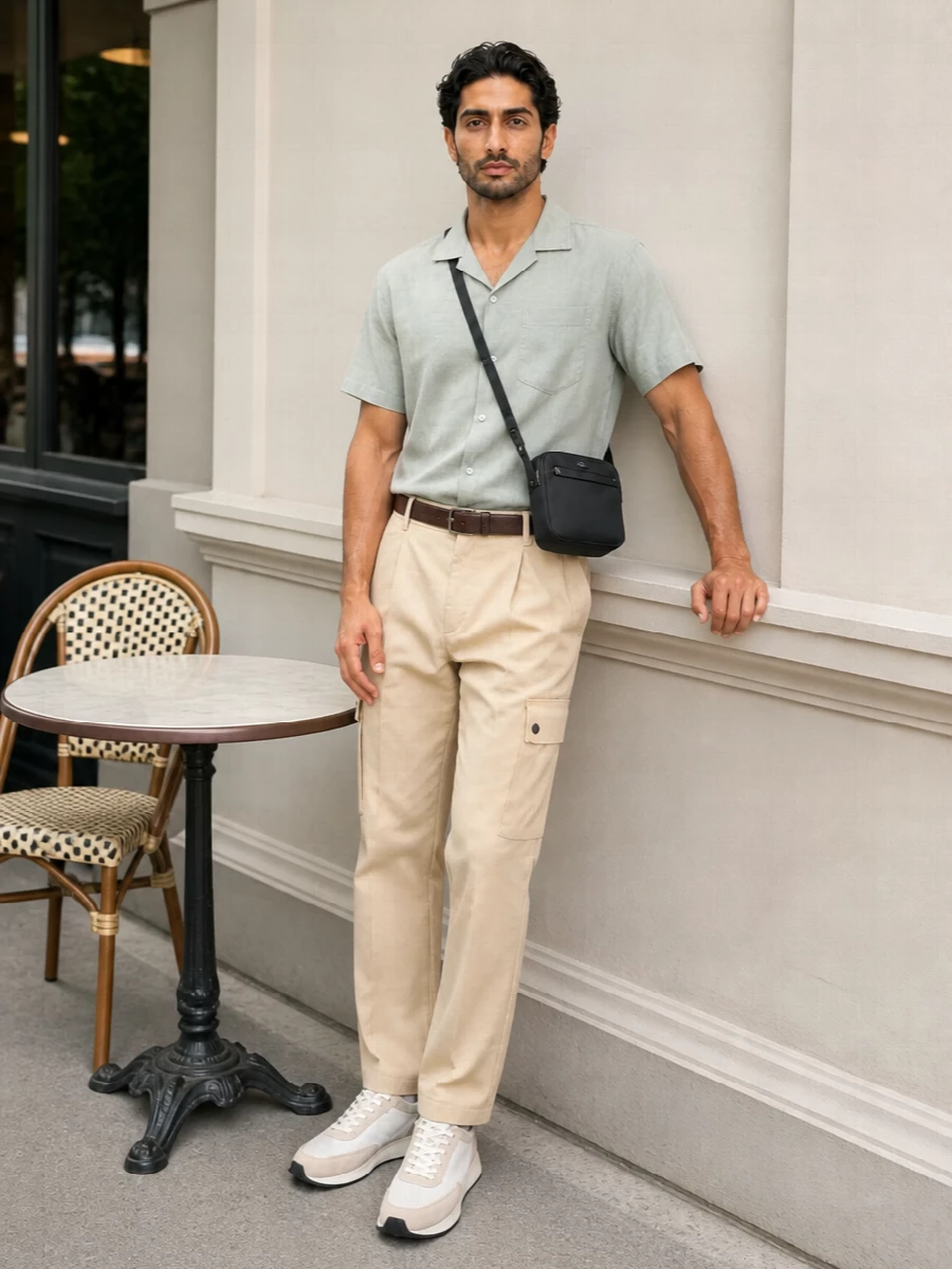 Hugo cargo trousers sage shirt beige sneakers