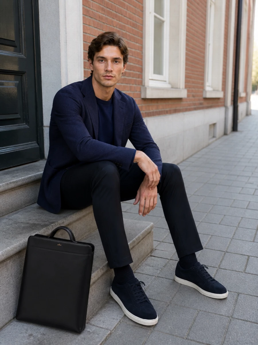 Giorgio armani navy blazer knit trousers outfit