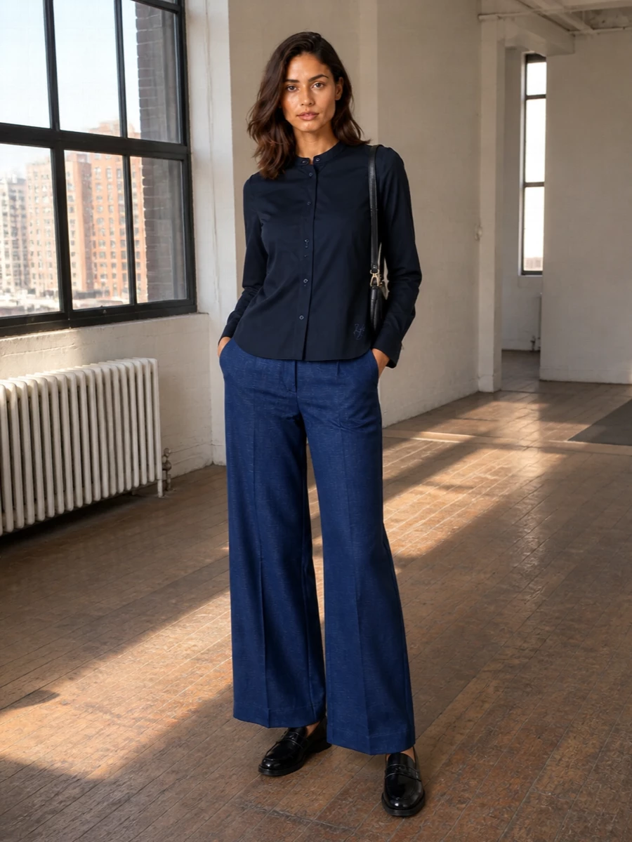 Emporio armani navy shirt wide leg trousers outfit
