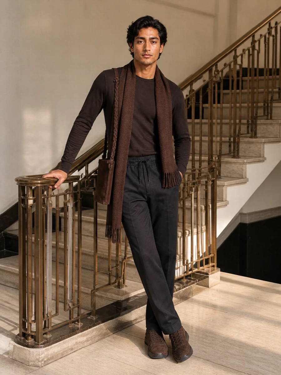 Herno brown long sleeve charcoal trousers outfit