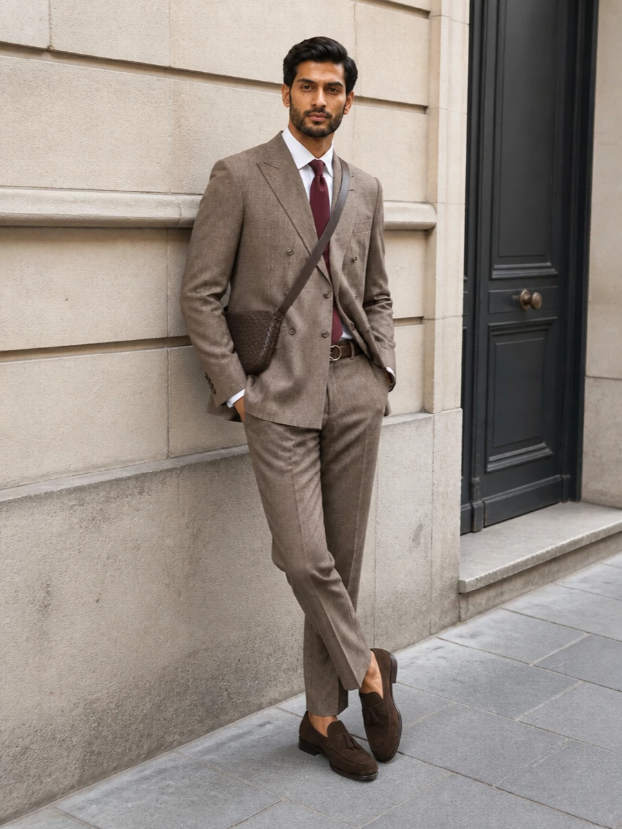 Brunello cucinelli taupe double breasted suit outfit