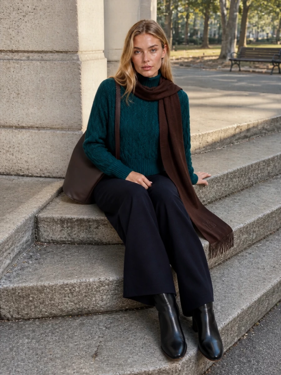 Max mara teal jumper navy knit trousers outfit
