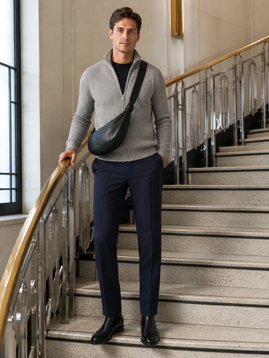 Lardini grey zip jacket navy trousers boots