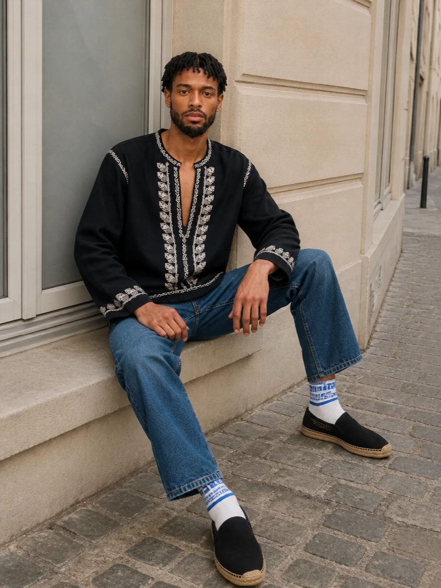 Ink embroidery and soft-washed denim create an easy, Paris-meets-Mykonos rhythm that feels relaxed but considered. Black canvas espadrilles and an off-white tote keep the palette grounded and clean, so the tunic remains the quiet statement.
