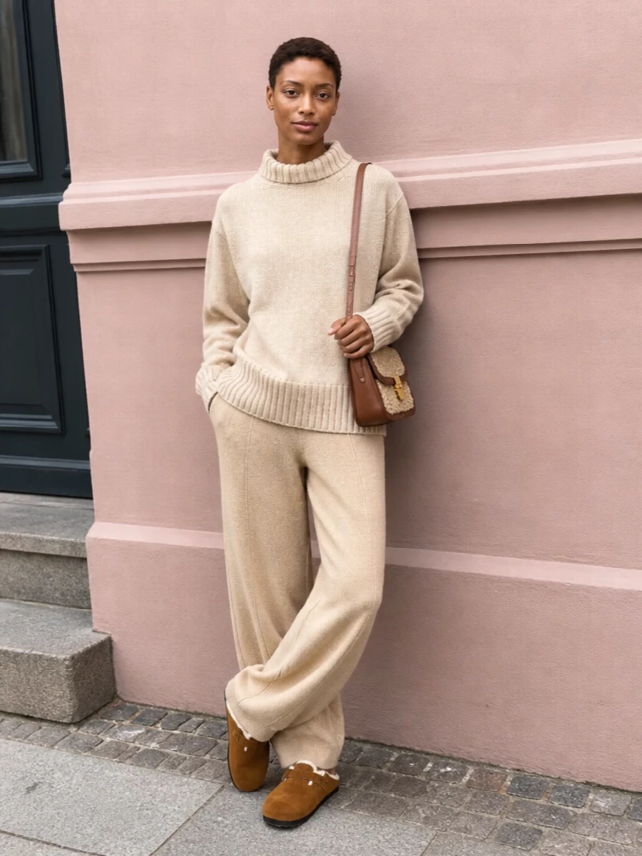 A cocoon of warm neutrals, this pairing leans into caramel and oatmeal tones that echo the clogs without ever feeling matchy. The chunky Róhe knit and softly structured Fabiana Filippi trouser read as a refined loungewear set, relaxed in mood but composed enough for a day in the city. The A.P.C. shearling-trim bag adds just the right hit of structure and polish against all that softness.