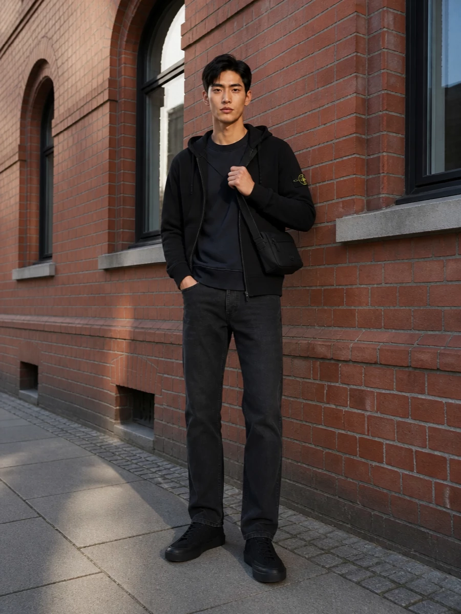 Stone island black hoodie jeans sneakers outfit