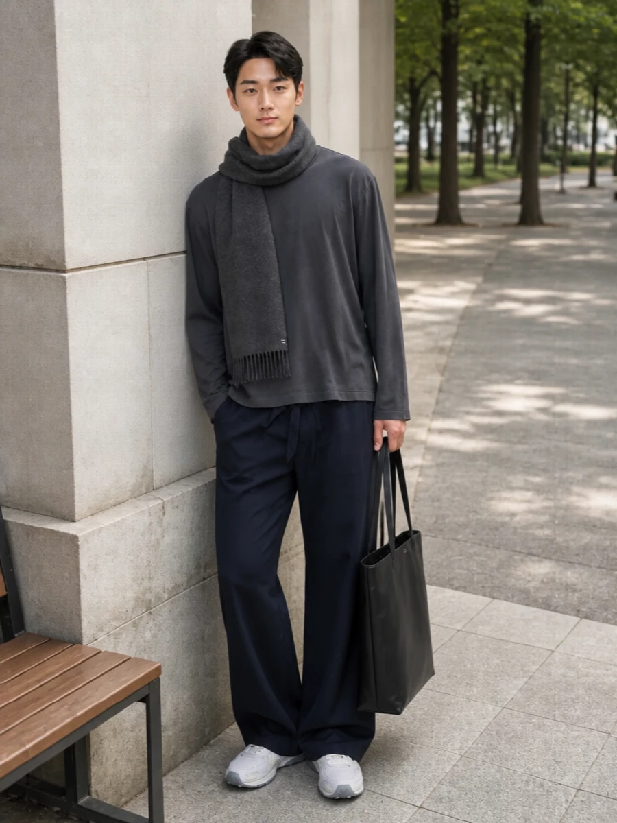 Tekla charcoal tee navy pants apc tote