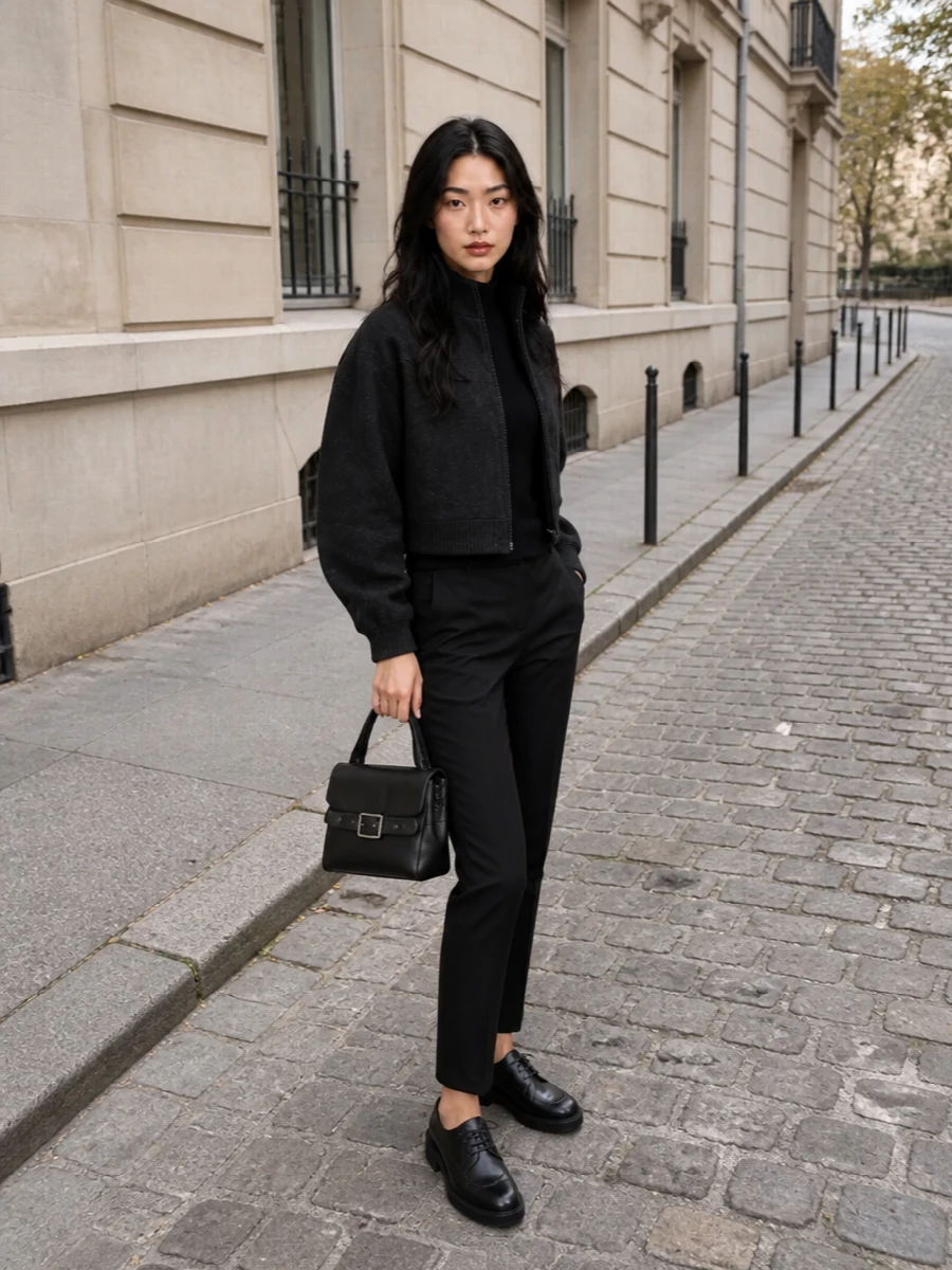 I am building around separates rather than a dress so the cropped, sculpted jacket can play properly with proportion, anchored by a high-waisted tailored trouser. A black tonal column under the charcoal reads quietly decisive, with the slim cropped leg and solid derby grounding the volume at the shoulders. The compact black top-handle bag keeps the mood disciplined and modern, ideal for city days that might extend into dinner without a change.