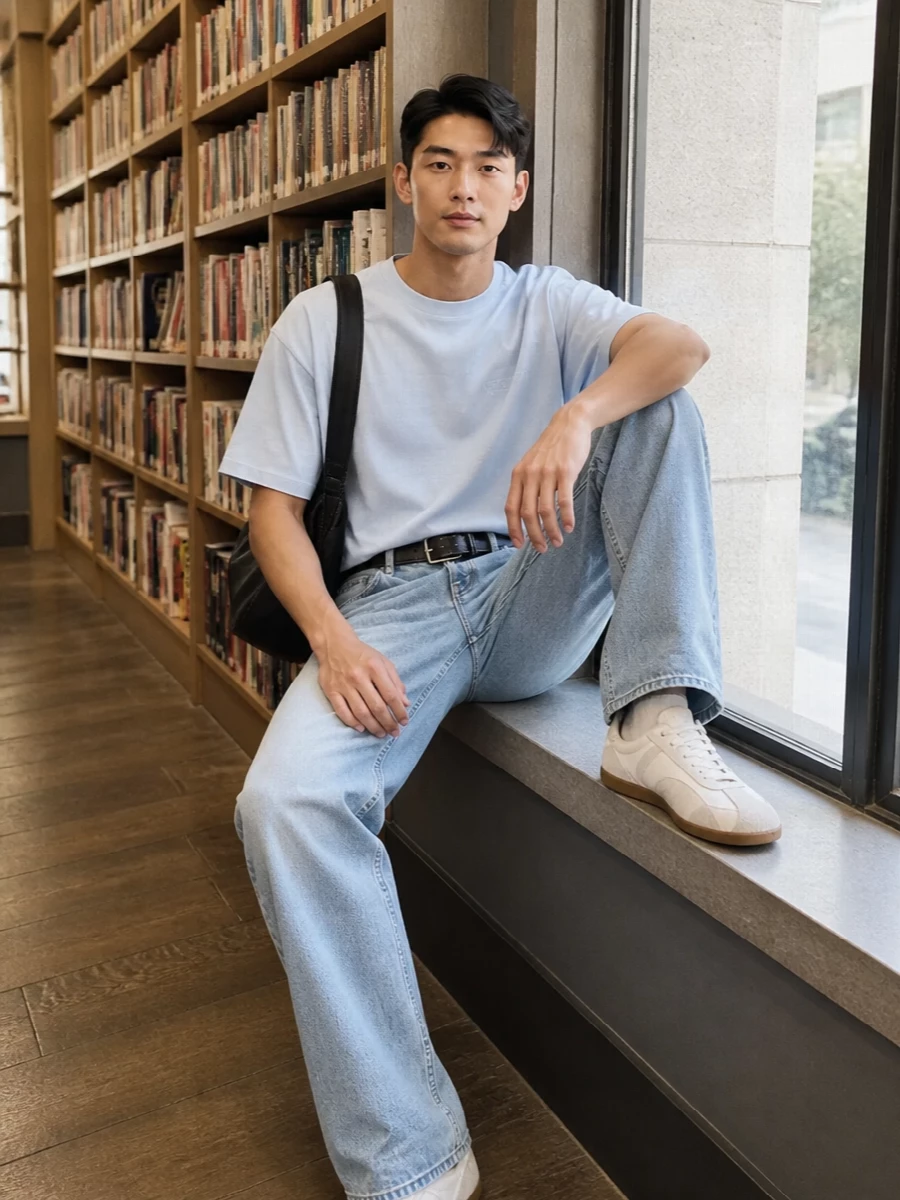 Represent light wash jeans ice blue tee trainers