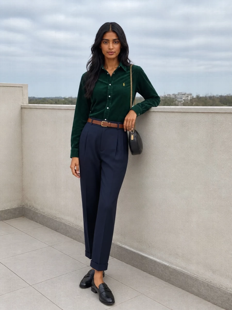 Ralph lauren green shirt navy trousers outfit