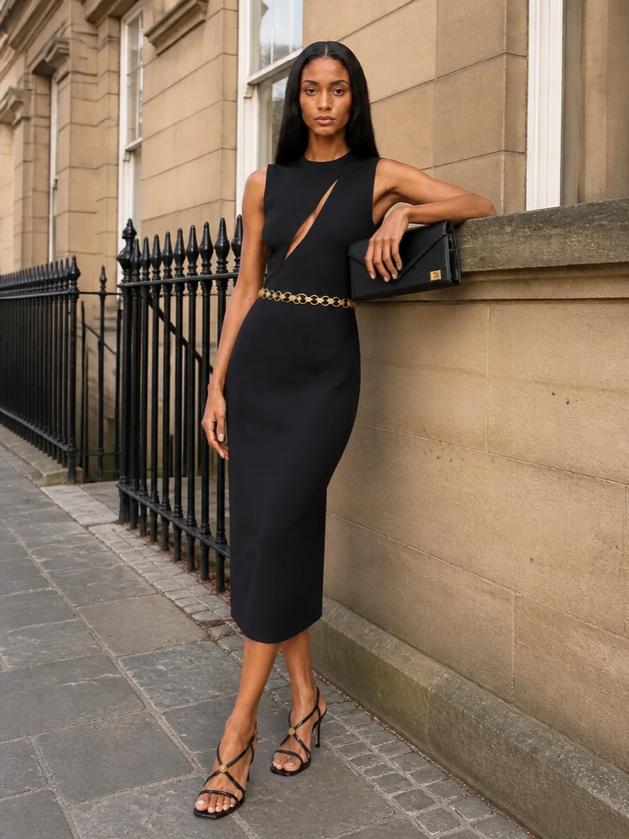Versace black cut out midi dress strappy heels