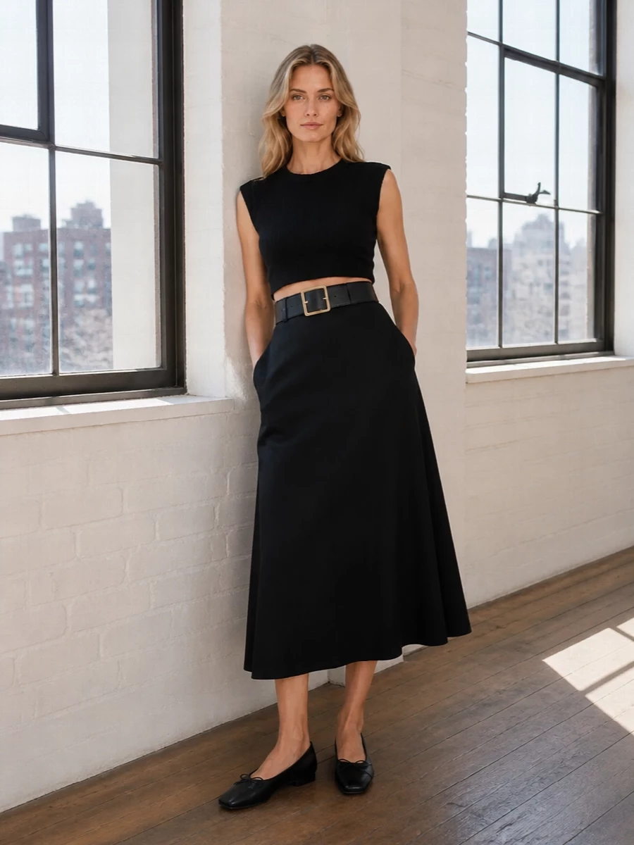 Max mara black knit tank black midi skirt outfit