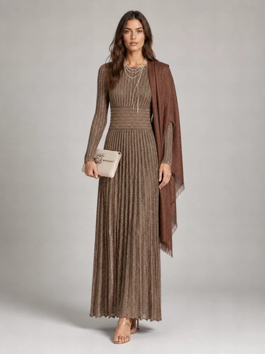 Missoni Metallic Fine-Knit Pleated V-Neck Long-Sleeve Maxi Dress