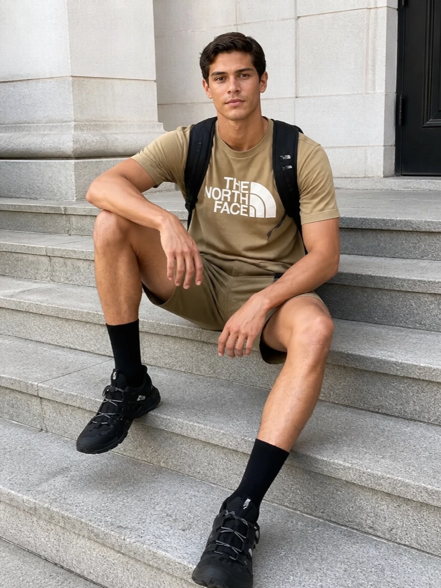 North face camel tee khaki trail shorts outfit