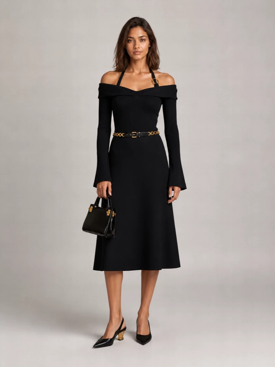 Ferragamo Viscose Off-Shoulder Long-Sleeve Flared Midi Dress