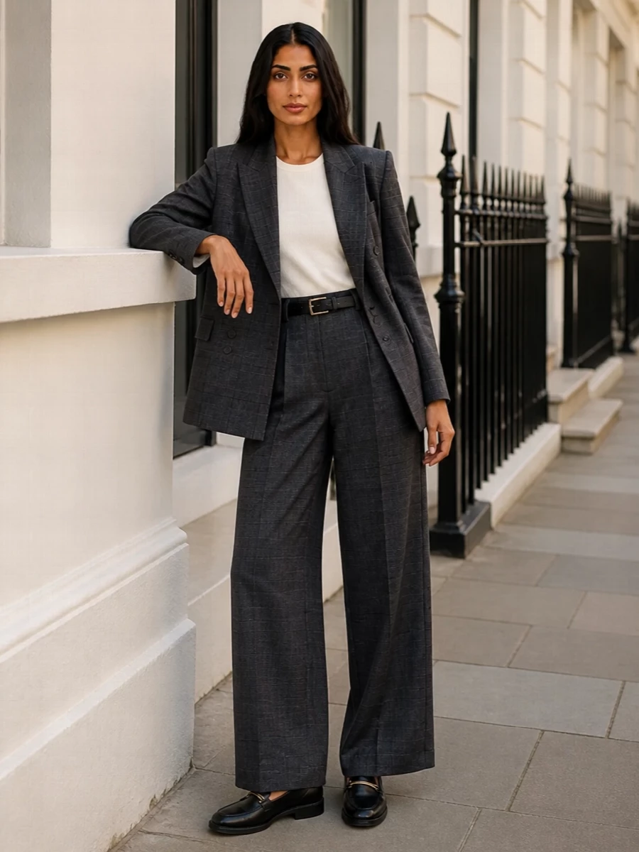 Charcoal checks and deep greys sit in a tight, minimal palette, with the Coperni blazer sharpening the high-waisted wide leg into a modern, city-ready suit alternative. Black leather accessories keep the line clean and formal, while subtle gold hardware introduces just enough warmth to feel considered rather than stark. The result is a quietly confident tailoring set that moves from boardroom to dinner with ease and structure.
