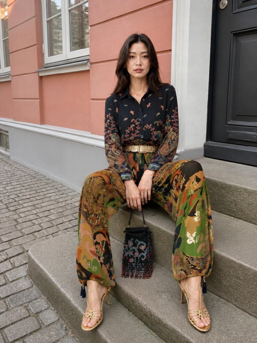 A full Etro statement, this pairing leans into inky navy and jewel-toned paisley, letting the tailored shirt ground the sheer, foiled wide leg so it feels intentional rather than chaotic. Gold stilettos and a beaded micro-bucket keep the mood firmly after dark, while the sculptural metal belt carves a high, cinched waist that flatters all that volume. It is resort dinner turning straight into rooftop party energy, with color, shimmer and movement doing the talking.