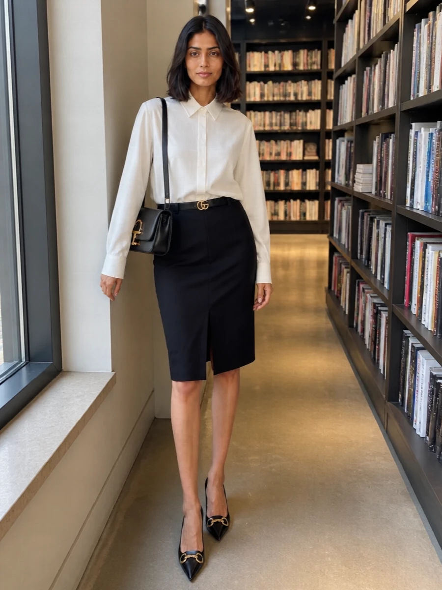 Gucci black pencil skirt ivory shirt pumps