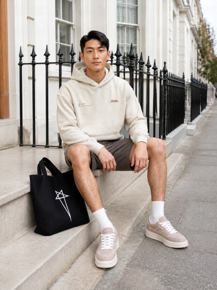 Represent hoodie taupe cargo shorts arigato sneakers