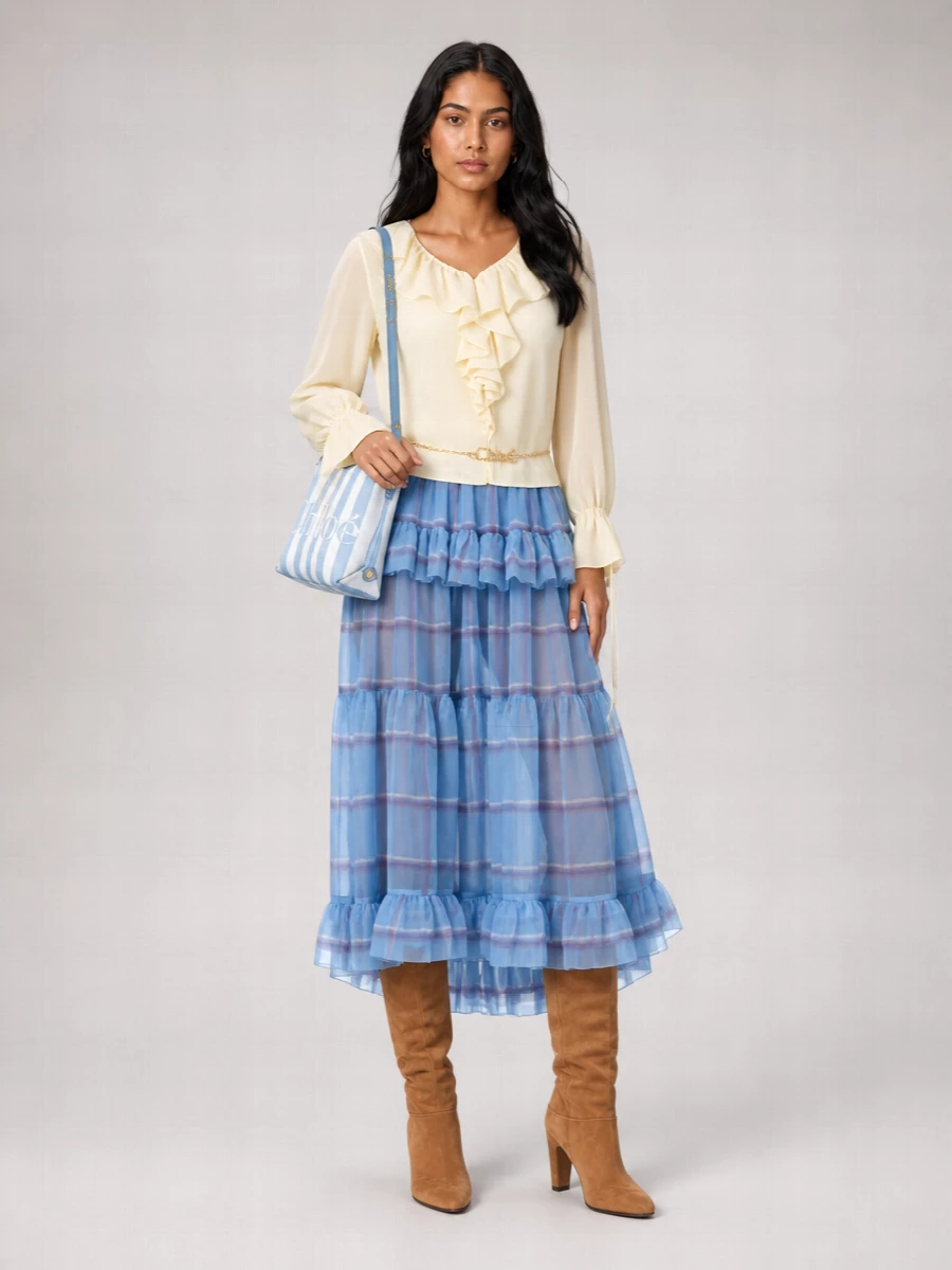Soft sky blue checks and butter-cream ruffles create a romantic palette that feels dreamy yet composed. Camel suede boots and a slim gold chain at the waist quietly ground the volume, keeping the tiered skirt poetic rather than precious. A powder-blue mini tote finishes the story with a fresh, modern note that still feels gently bohemian.