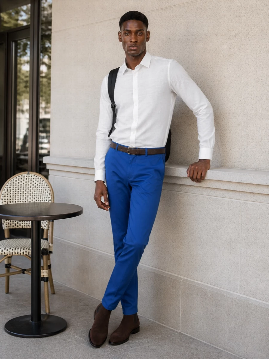 Boss cobalt chinos white shirt chelsea boots