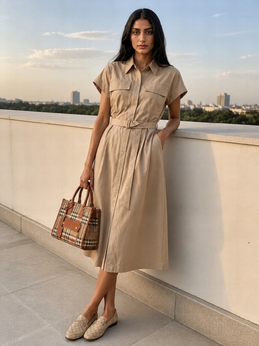A sand Brunello Cucinelli shirt dress pairs with the Burberry tote for a refined, tonal take on utility that feels considered but unforced. The clean midi line and self belt keep the silhouette long and lean, while Gucci monogram loafers quietly reinforce the heritage story at ground level. Boardroom to terrace, it reads polished without tipping into overt logo dressing.