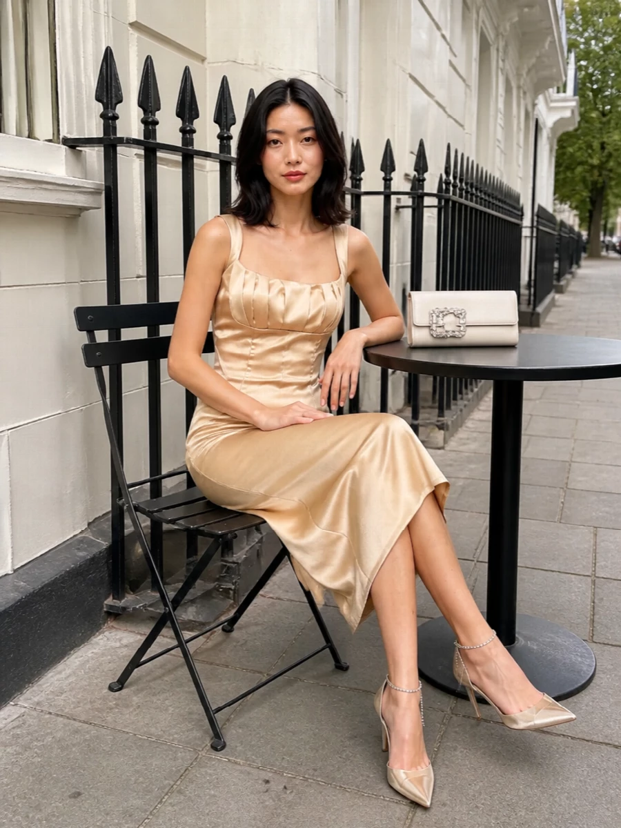 Dolce gabbana champagne midi dress jimmy choo heels