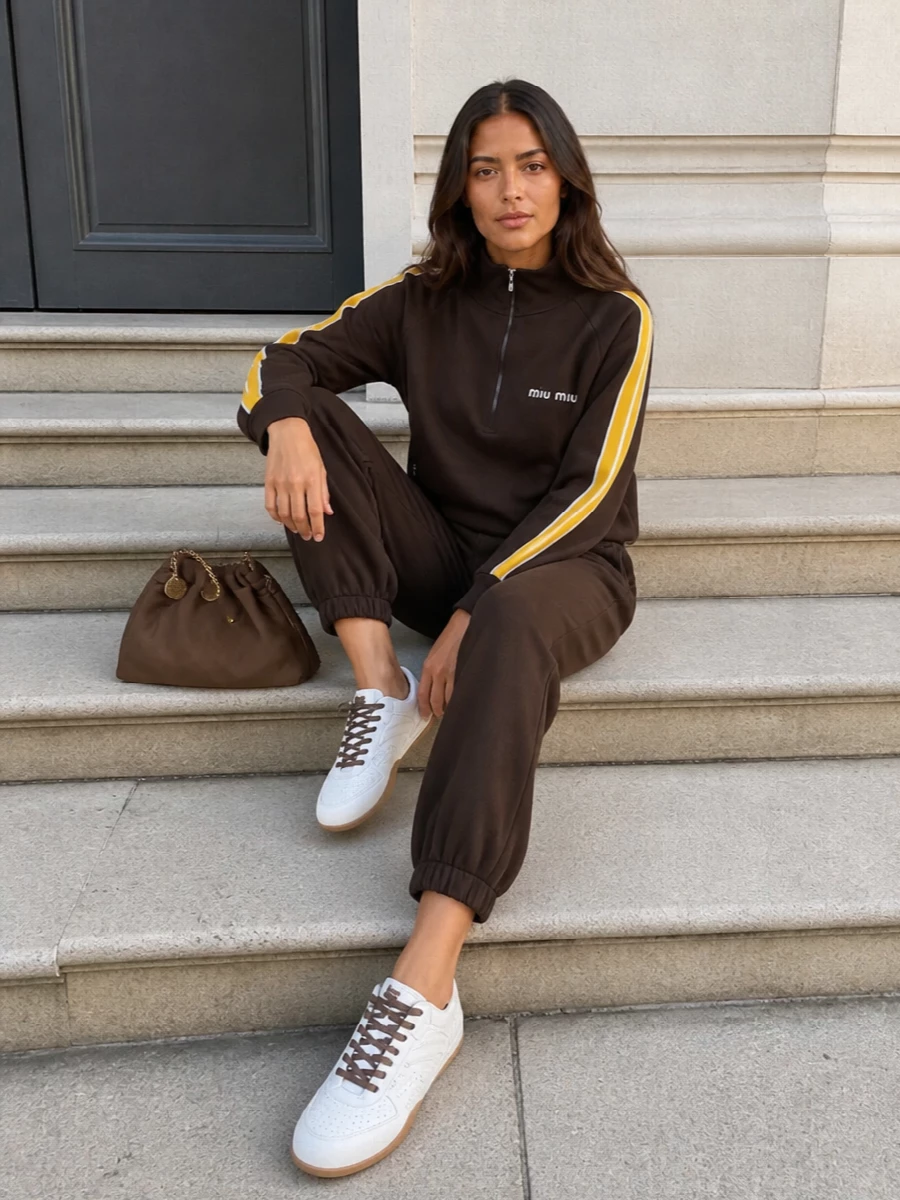 Miu miu chocolate track set outfit tote sneakers