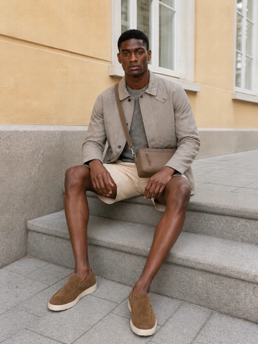 Barbour field jacket beige shorts loafers