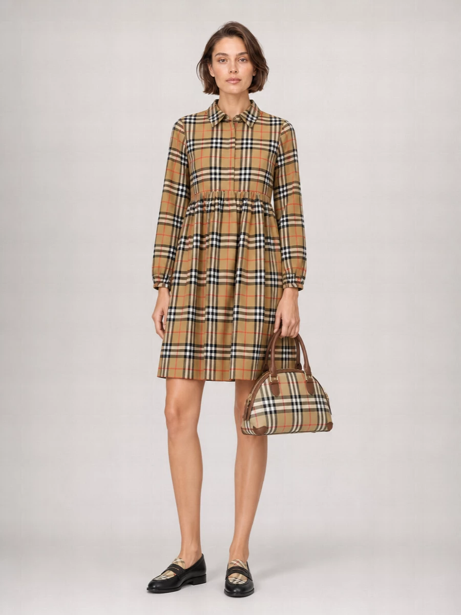 Burberry Cotton Checked Long-Sleeve Knee-Length Dress