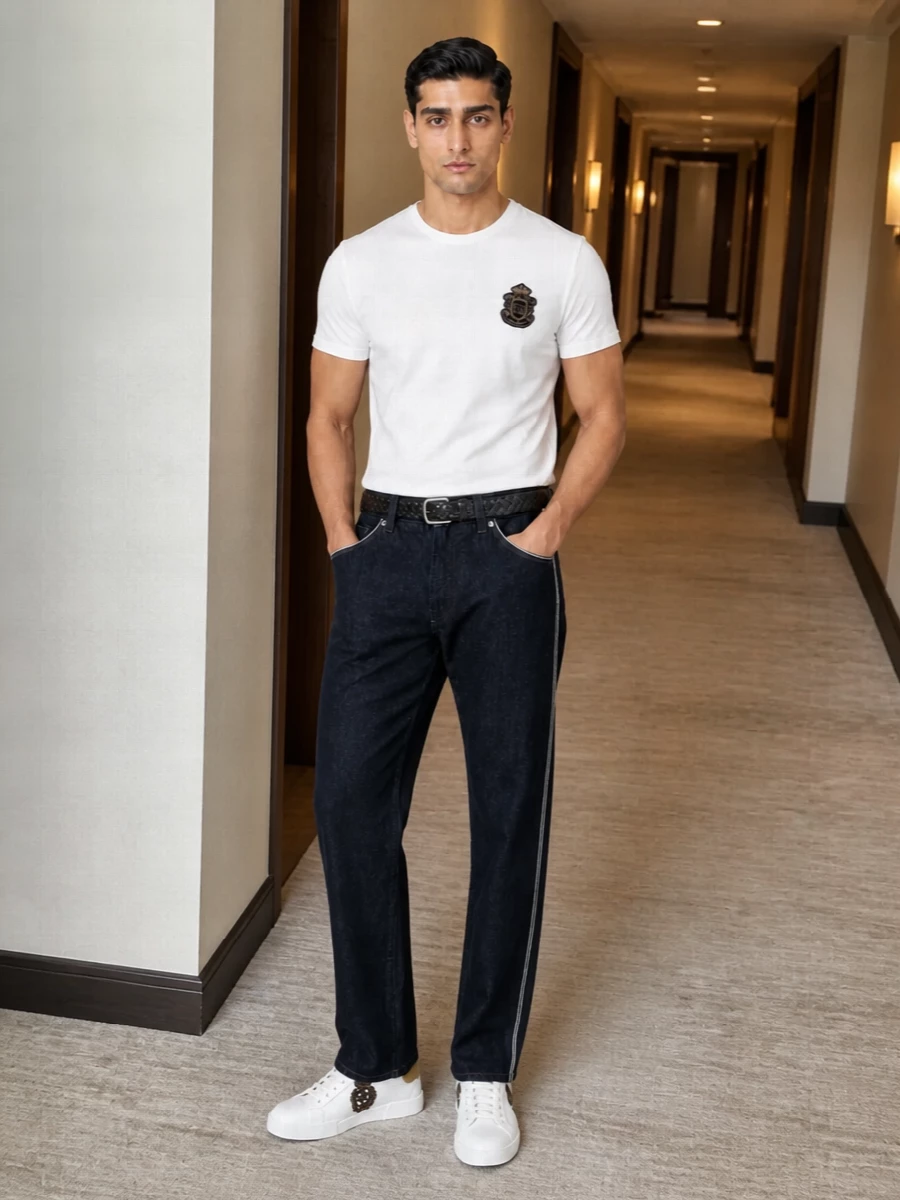 Dolce gabbana crest tee piped jeans outfit