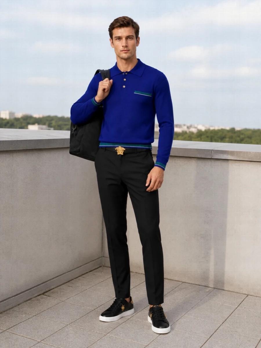Versace cobalt knit polo black tailored trousers